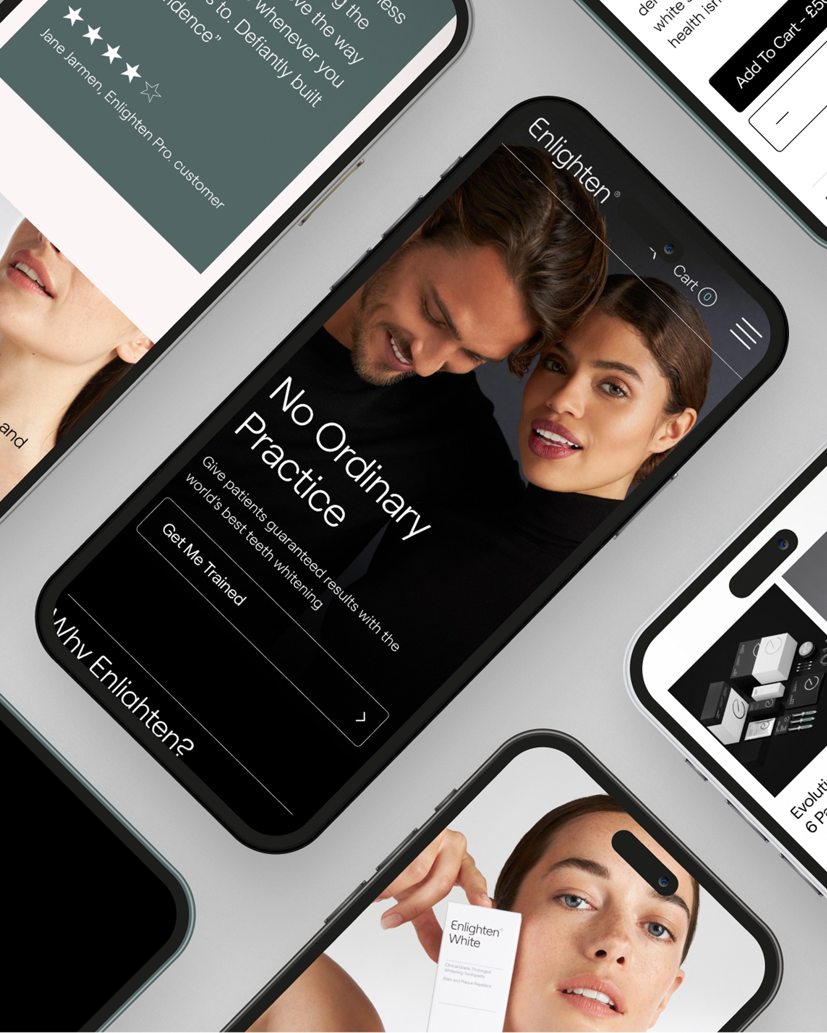 Collage smartphone con interfaccia mobile Enlighten Smiles: hero, prodotti e carrello